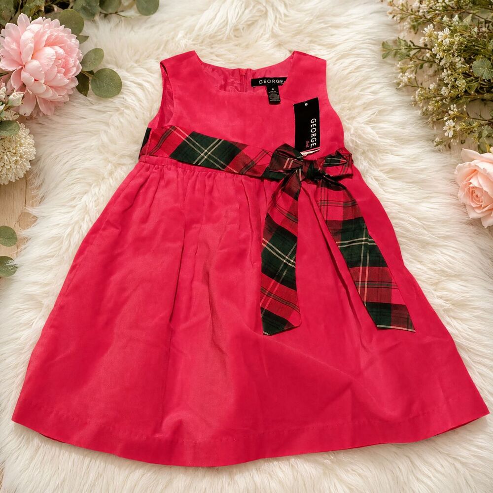 George Girls Size 4 Classic Red Holiday Dress Plaid Sash Bow Christmas NWT